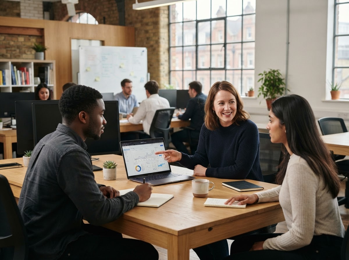 Bravetitrelure Ai analysts reviewing portfolio risk data in a London office